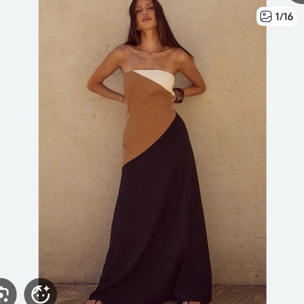 Strapless Colorblock Maxi Dress in Cream, Tan & Black